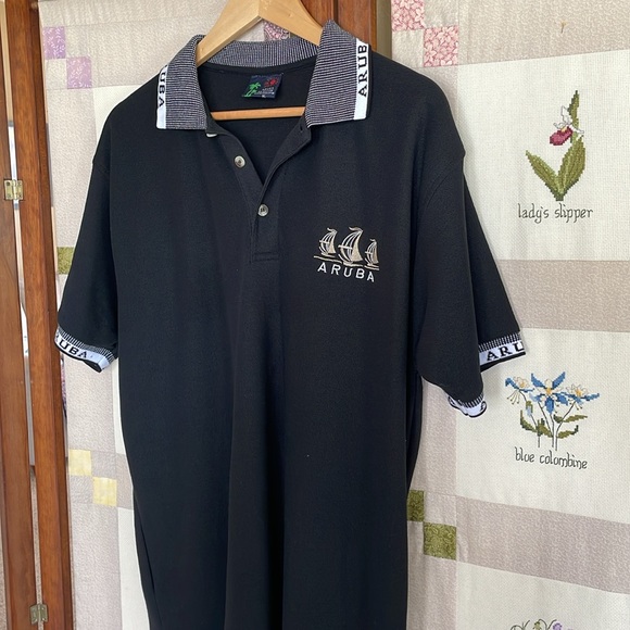 Aruba black golf polo shirt, short sleeves, white contrast on collar and sleeves - Picture 2 of 8